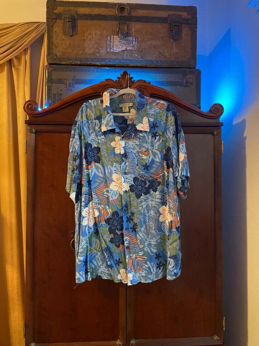 Island Passport Men's 2XL Blue Floral Hibiscus Tropical Hawaiian Button Up Shirt